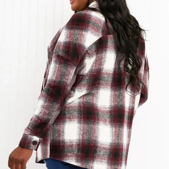 Zenana Autumn Evening Full Size Plaid Longline Shacket in Burgundy - Picture 2 of 9